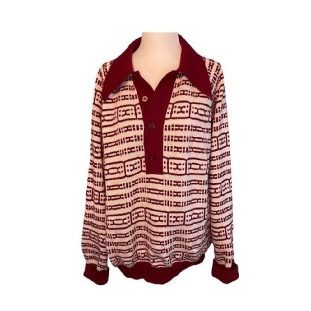 Vintage 70s Donegal Pointed Collared Sweater Burgundy Cream Knit‎ Pattern L